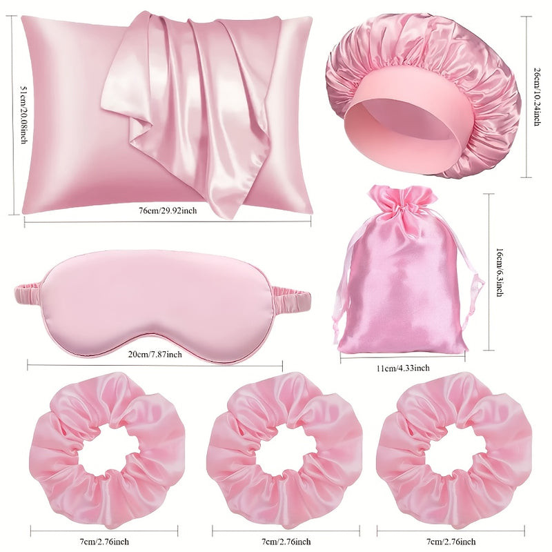 7pcs Women's Sleep Beauty Tools Set — Detachable Satin Pillowcase, Hair Care Shower Cap, Light-Blocking Sleep Mask & Hair Tie Set with Storage