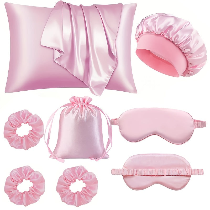 7pcs Women's Sleep Beauty Tools Set — Detachable Satin Pillowcase, Hair Care Shower Cap, Light-Blocking Sleep Mask & Hair Tie Set with Storage