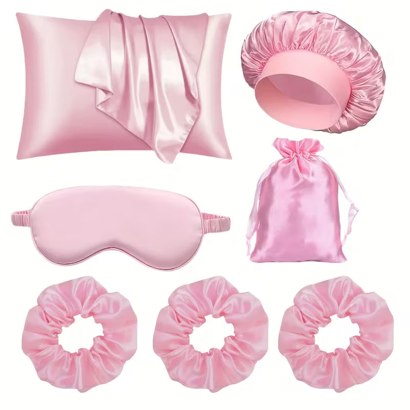 7pcs Women's Sleep Beauty Tools Set — Detachable Satin Pillowcase, Hair Care Shower Cap, Light-Blocking Sleep Mask & Hair Tie Set with Storage