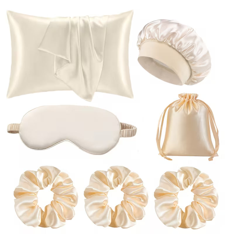 7pcs Women's Sleep Beauty Tools Set — Detachable Satin Pillowcase, Hair Care Shower Cap, Light-Blocking Sleep Mask & Hair Tie Set with Storage